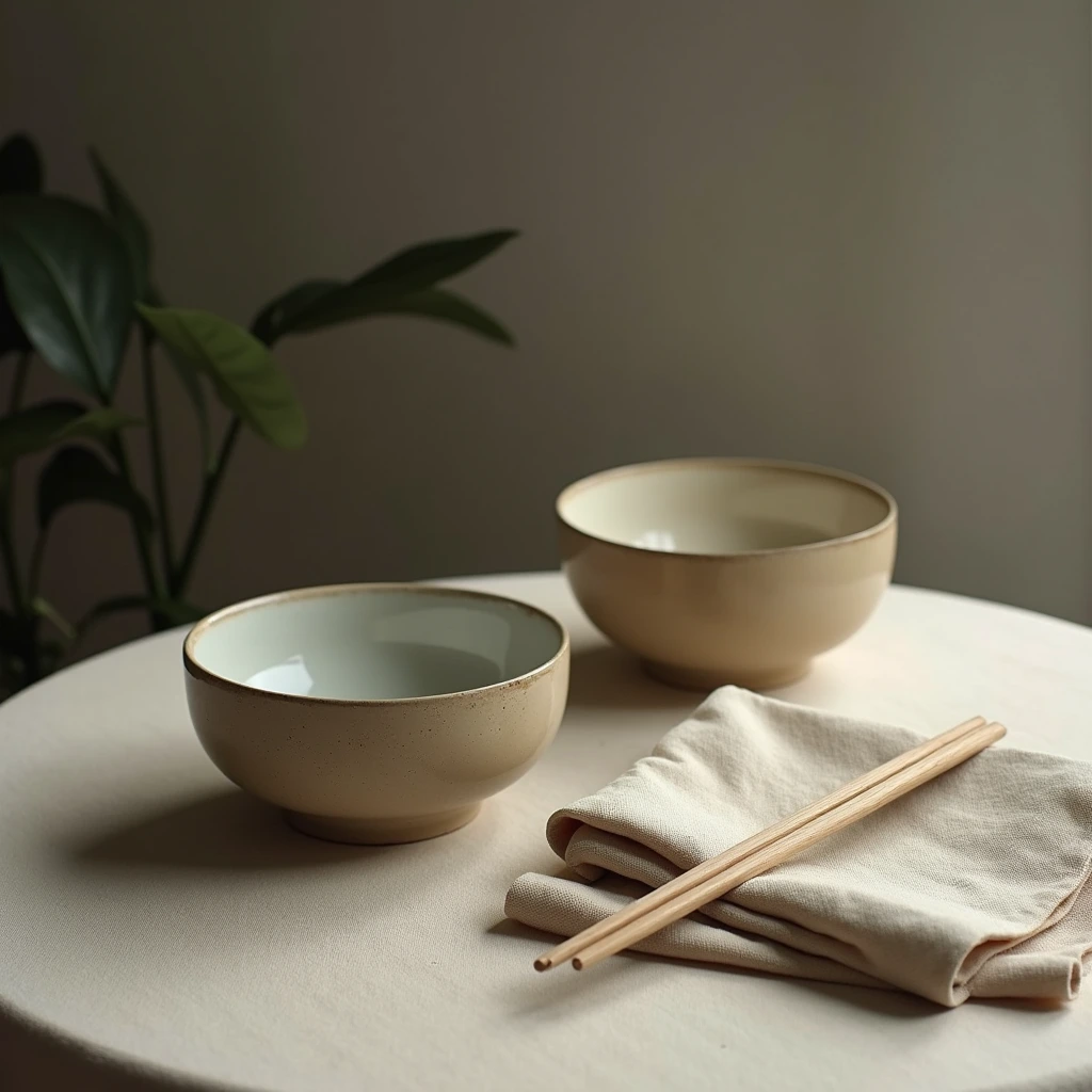 Two empty cream ceramic bowls and chopsticks arranged on linen